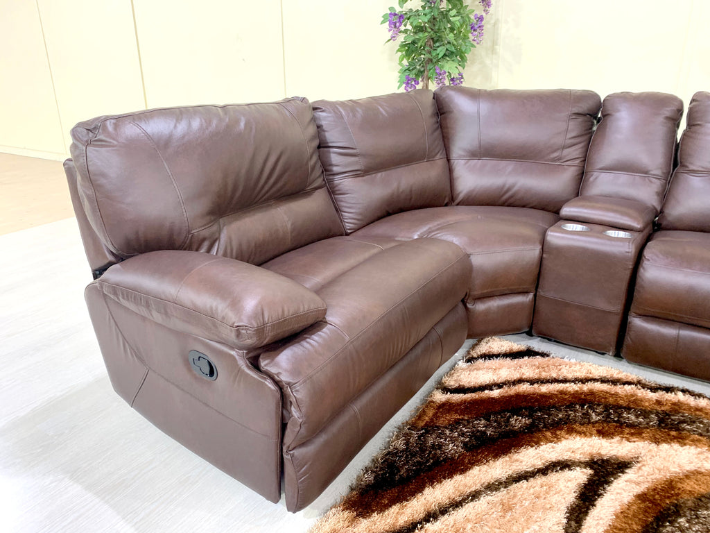 Corner Lounge Suite, Brown, Full Leather, Day-bed, Single recliner, Storage Compartment & Twin cup holder